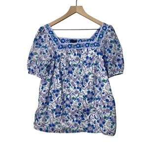 Talbots Blouse Size Large Blue Purple Floral Peacock Square Neck Short Sleeve